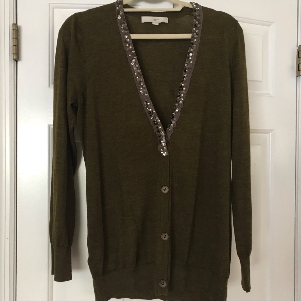 LOFT Khaki Sweater with Sequin Accents